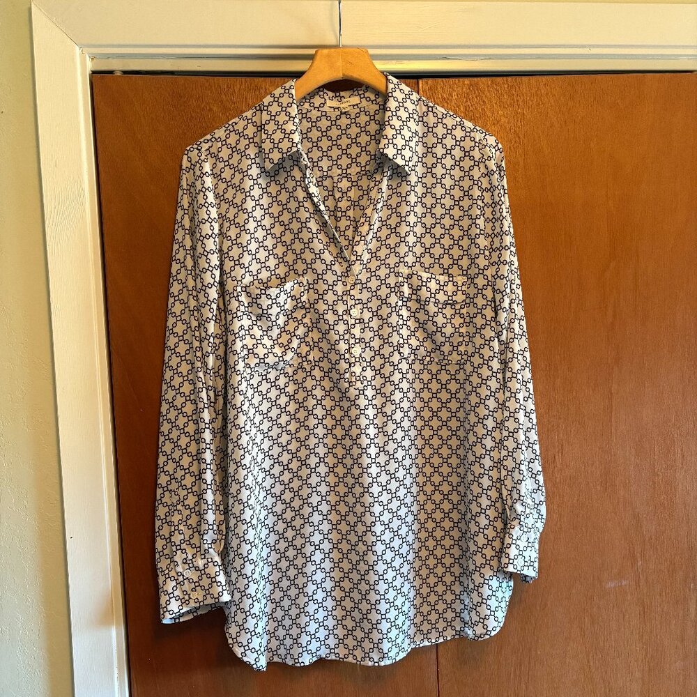 Pleione – L/S 3/4 Button Down Pullover Blouse – XL – White/Black